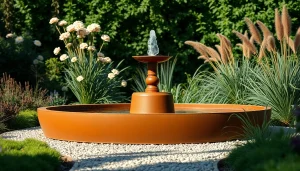 Moderne cortenstahl brunnen im Garten mit rustikalen Designs und entspannter Atmosphäre.
