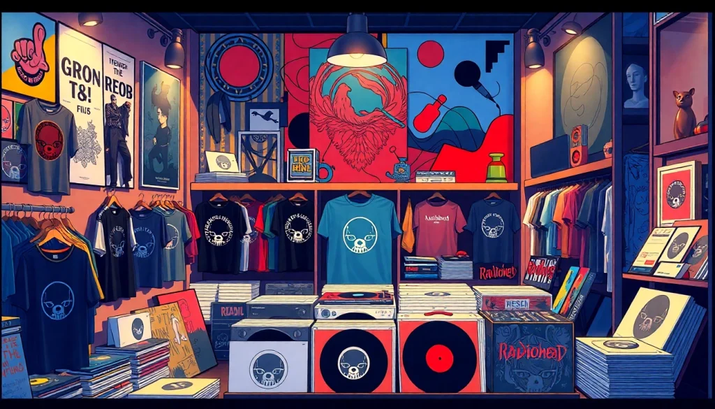 Showcase of diverse Radiohead merch including shirts and vinyl in an artistic display.