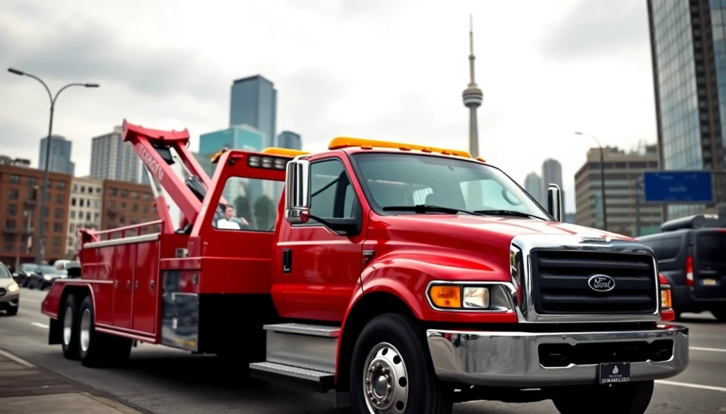 Towing Service in Toronto with a bright red tow truck and the Toronto skyline.