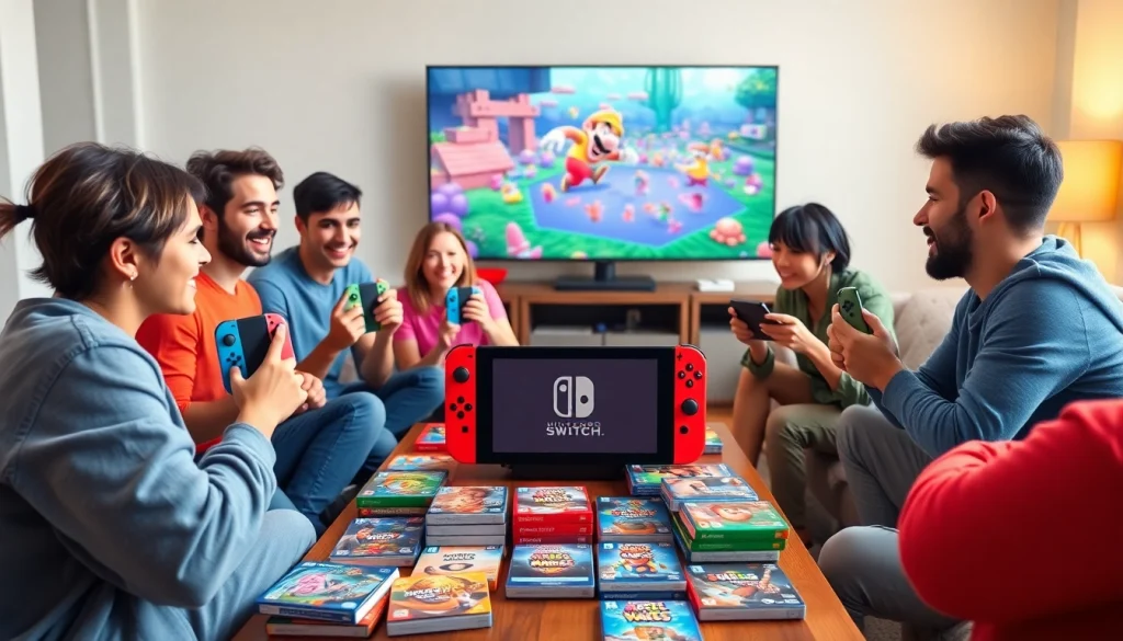 Engaged friends playing stunning Nintendo Switch games in a cozy living room setting.