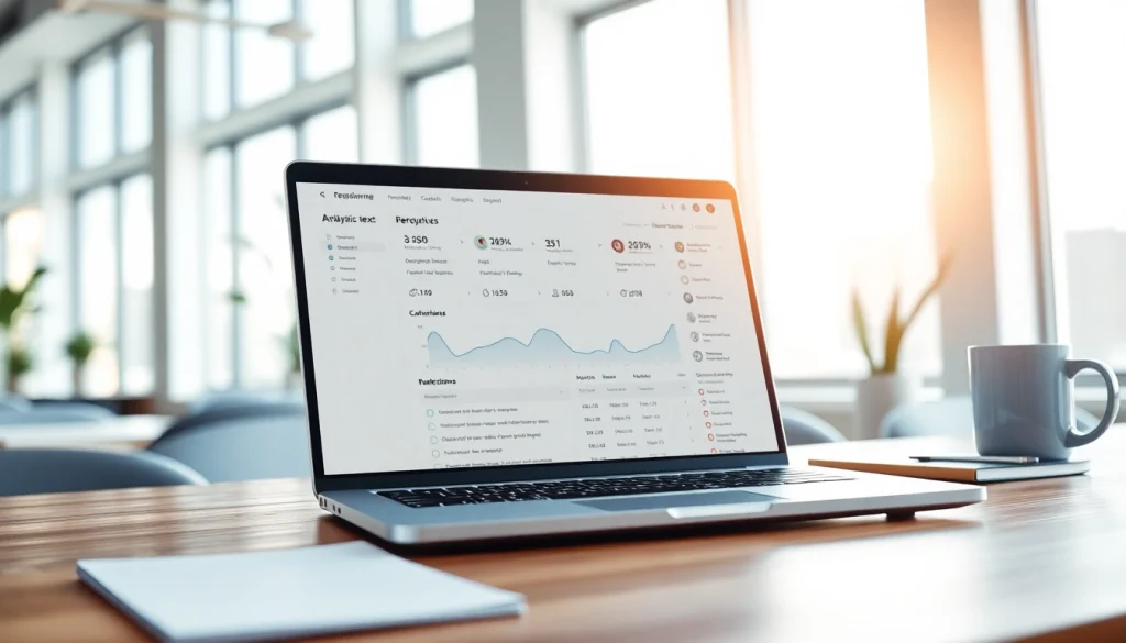 Analyze text with an AI checker displayed on a laptop in a bright, modern office.