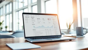 Analyze text with an AI checker displayed on a laptop in a bright, modern office.