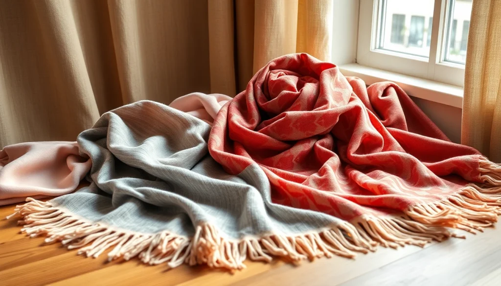 Colorful vela scarves beautifully arranged on a textured surface, showcasing their luxurious designs.