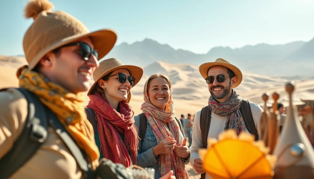 Viajantes disfrutando Tours Marruecos mientras exploran mercados vibrantes y paisajes desérticos.