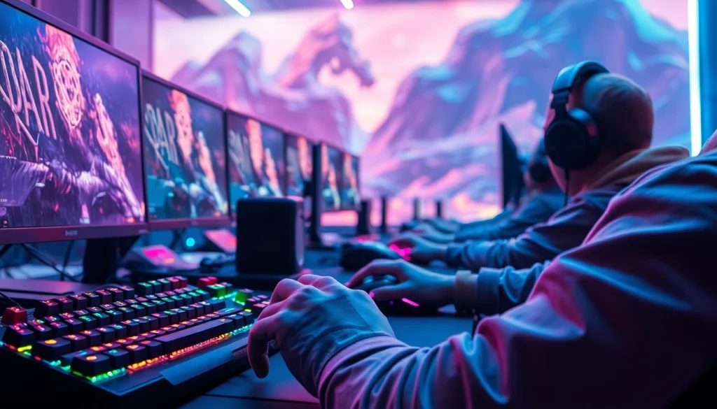 Engaged gamers utilizing dma cheats with innovative gaming gear in an immersive neon-lit environment.