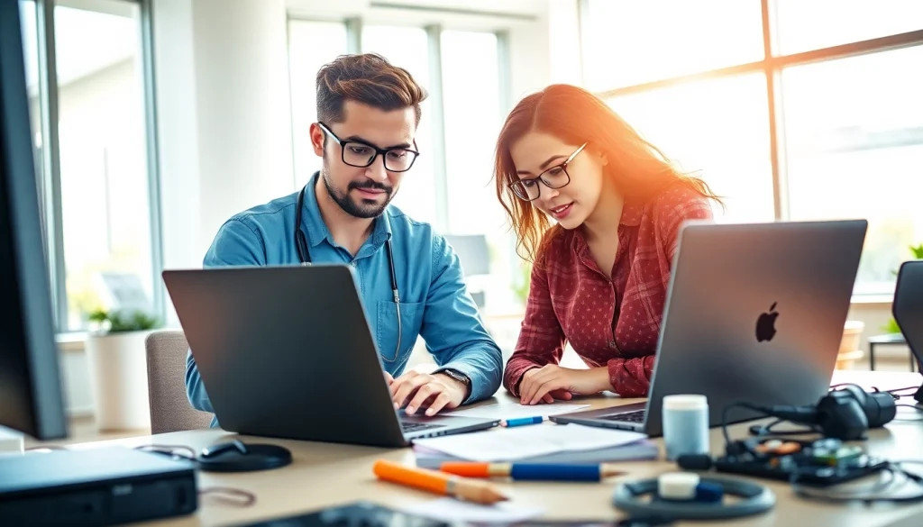 Get computer help near me with a technician assisting a client in a modern office.