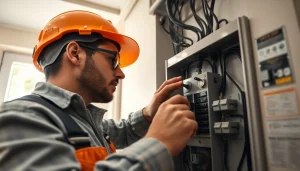 Electrician performing an Electrical Panel Upgrade with a focus on safety and professionalism in a residential environment.