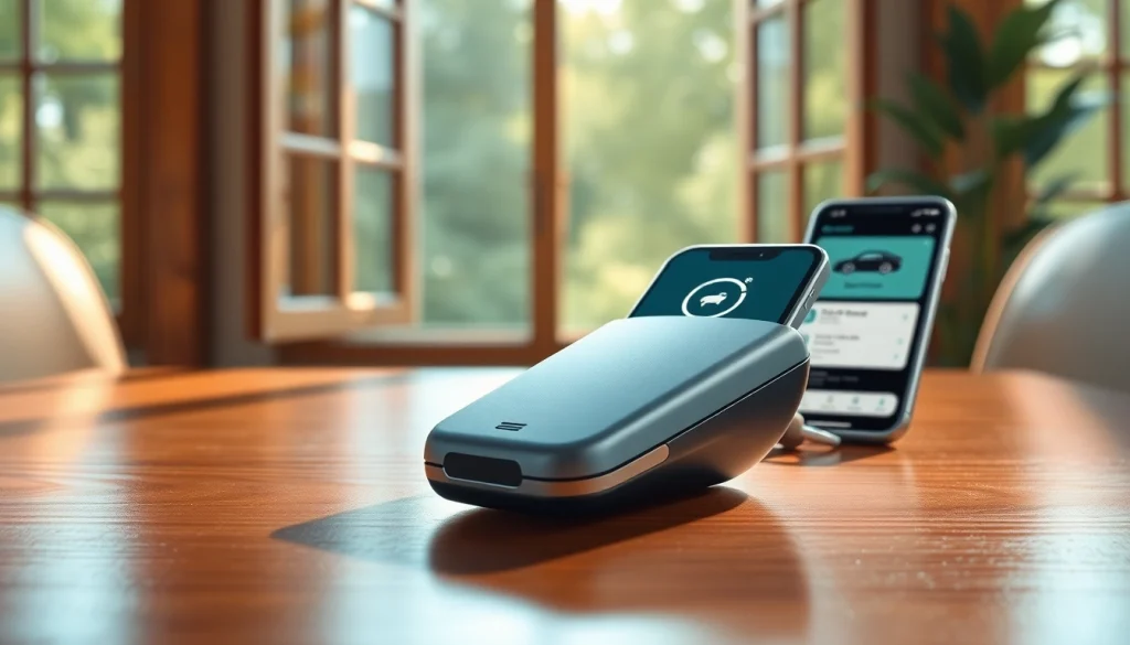 Showcasing keys for electric cars with a modern design next to a smartphone app interface.