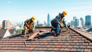 Replace roof as part of professional dak vervangen arnhem services, highlighting skilled workers and local skyline.