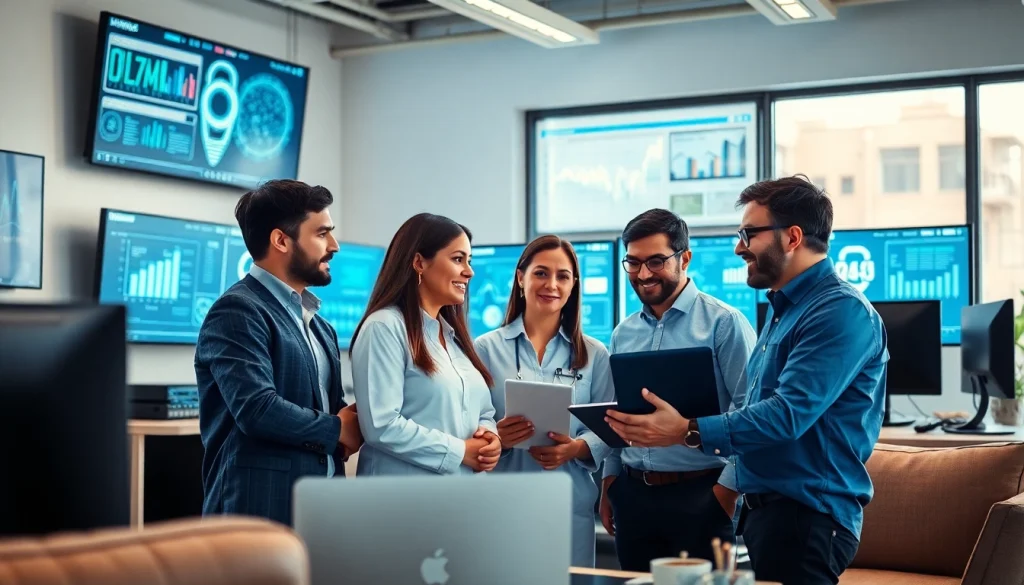 Managed IT-team werkzaam aan technologie en strategie in een moderne kantooromgeving.