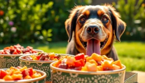 Dog happily enjoying Badlands Ranch Superfood Complete in a sunny garden setting, promoting health and enjoyment.