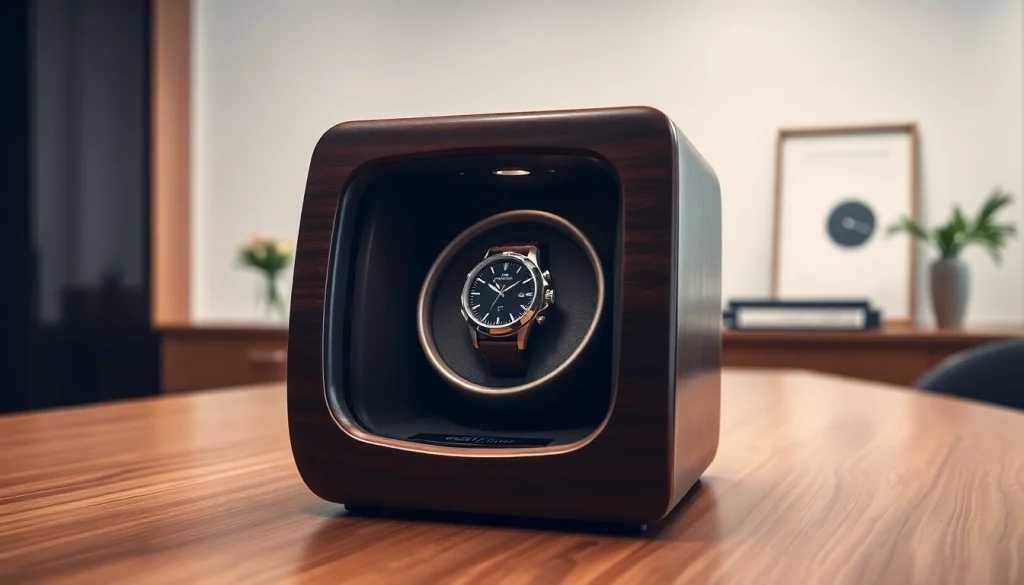 Showcasing the best watch winder featuring a luxury watch beautifully rotating inside an elegant display.