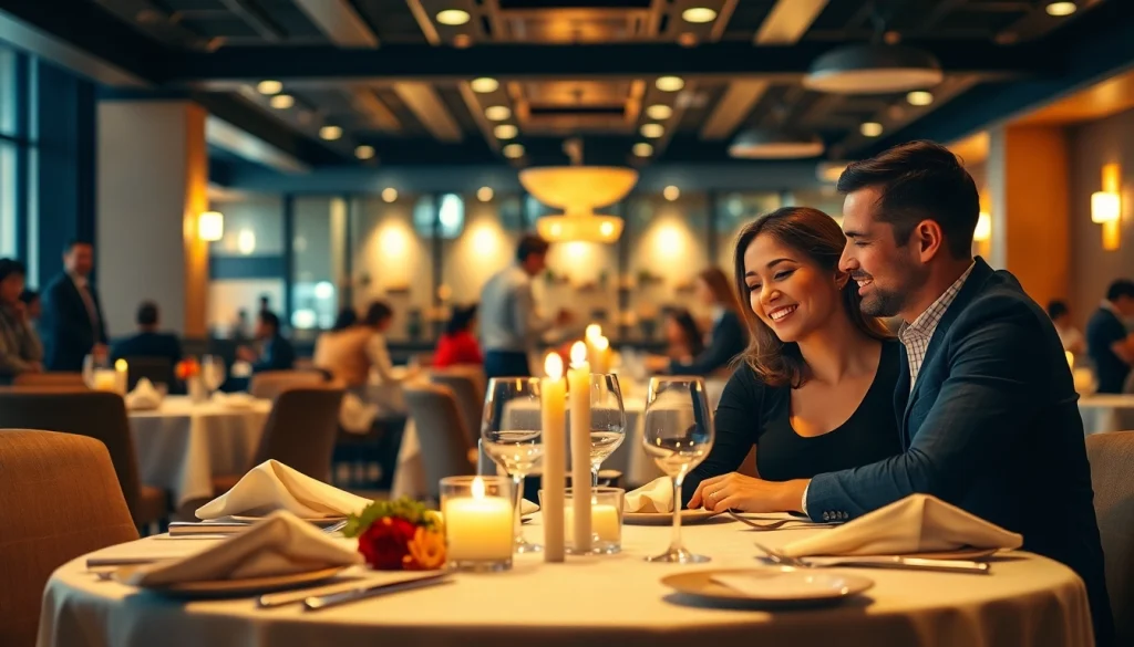 Promote Reservation Services with couples enjoying a fine dining experience in a stylish restaurant.
