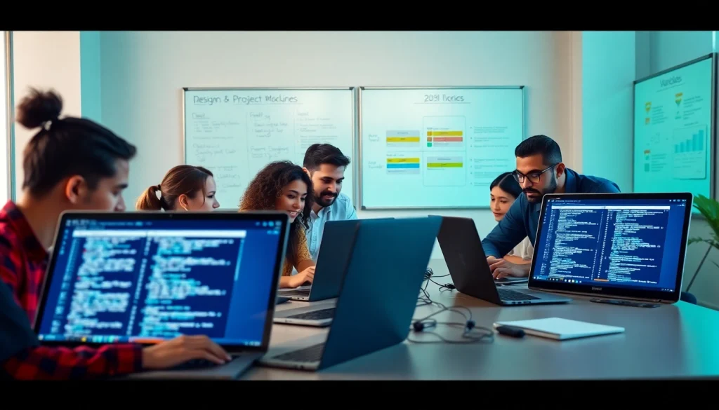 Enhance web development skills with a diverse team collaborating in a modern workspace.