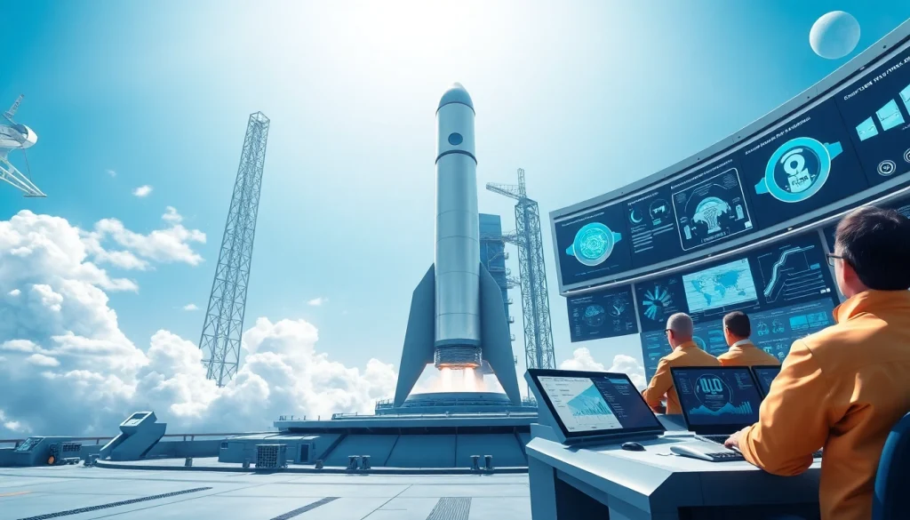 Illustration depicting revenue rocket lab innovations with a futuristic rocket launch in a bright setting.