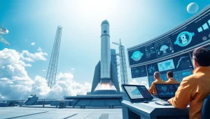 Illustration depicting revenue rocket lab innovations with a futuristic rocket launch in a bright setting.