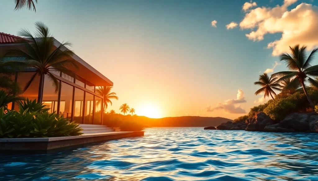 Showcase of Jamaica real estate featuring a modern coastal home with a vibrant sunset and lush surroundings.