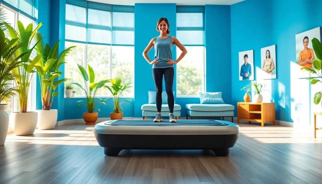 A professional whole body vibration therapy session, highlighting a client on a vibration platform.