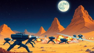 Experience action in Dune 2 download showcasing a battle simulation over spice fields.