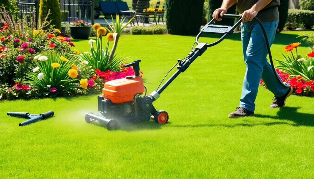 Efficient turf cleaning company team revitalizing a lush lawn with state-of-the-art equipment.