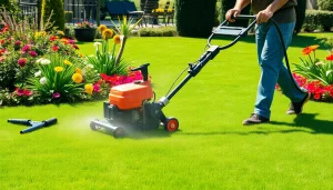Efficient turf cleaning company team revitalizing a lush lawn with state-of-the-art equipment.