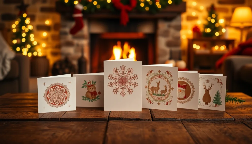 Beautifully arranged Christmas cards Hackney on a rustic table with soft lights in the background.