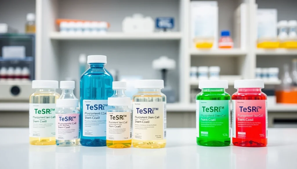 Showcasing all check related TeSR™ Pluripotent Stem Cell culture media products in a lab setting.
