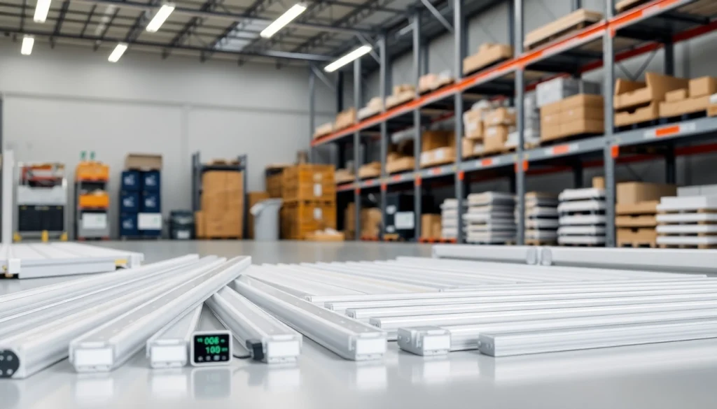 See a variety of LED Batten Fixture Wholesale in a professional warehouse showcasing their sleek design.