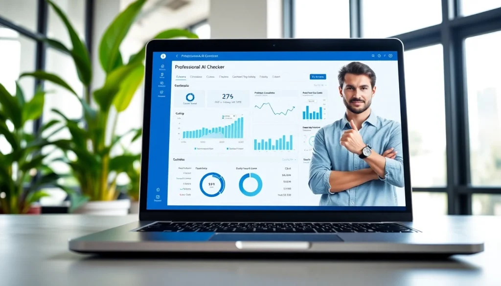 Analyze text with an AI checker tool on a modern laptop in a bright office environment.