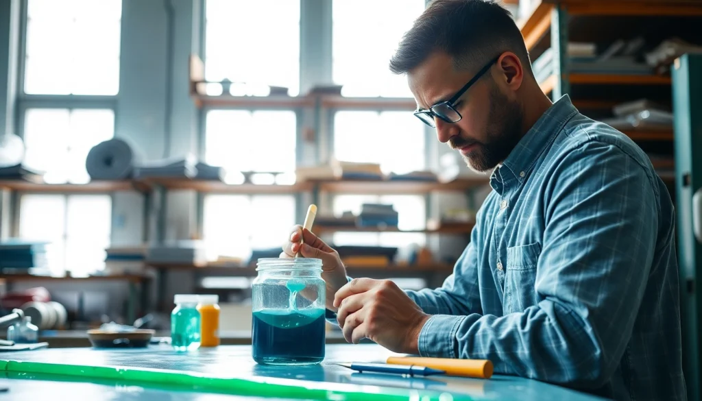 Craftsman mixing laminating resin in a vibrant workshop, showcasing detailed textures and a creative atmosphere.