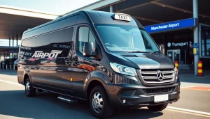 Taxi to Manchester Airport - Minibus ready for passengers in front of terminal.