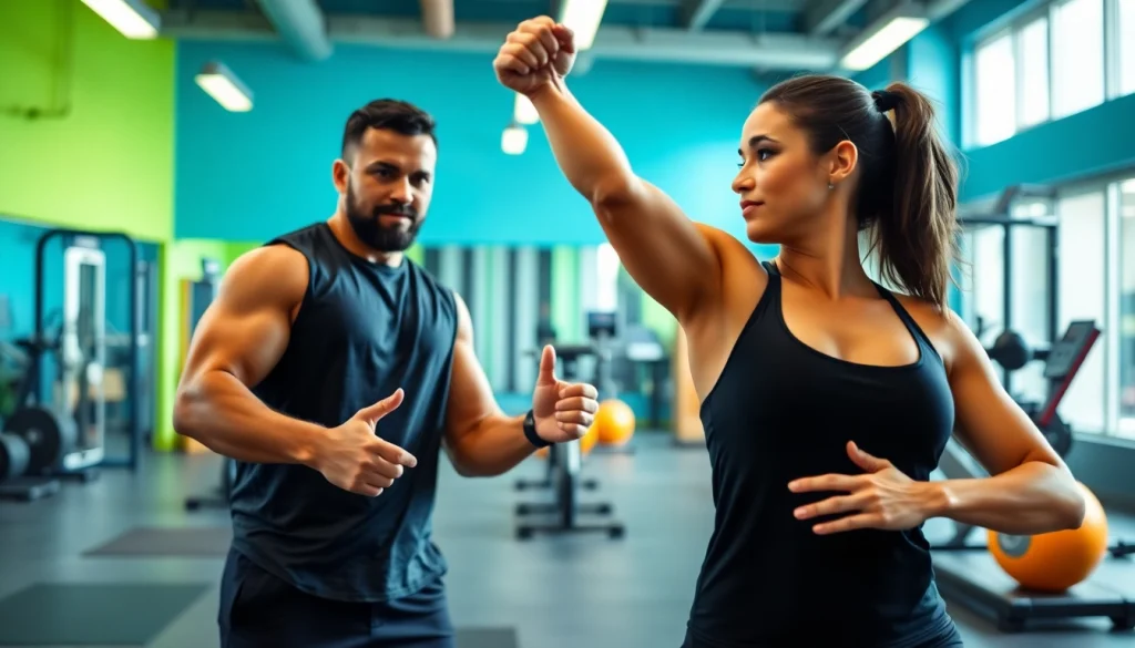 Personal trainer Tunbridge Wells actively guiding a client through workout exercises in a vibrant gym.