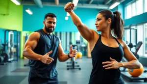 Personal trainer Tunbridge Wells actively guiding a client through workout exercises in a vibrant gym.