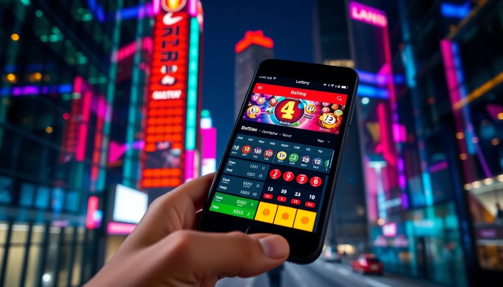 Engage with 4D online lottery through a vibrant smartphone interface in a cityscape.