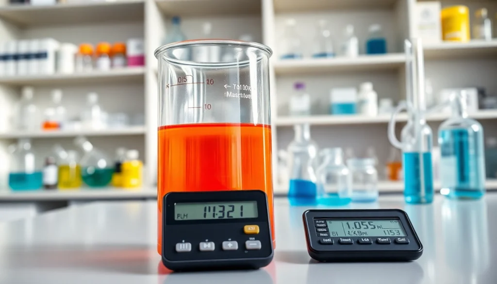 Molarity Calculator displayed next to a glass beaker filled with colorful solution in a laboratory setting.