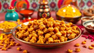 Delicious Bikaneri bhujia served on a plate, showcasing its crispy texture and vibrant color, perfect for snacking.