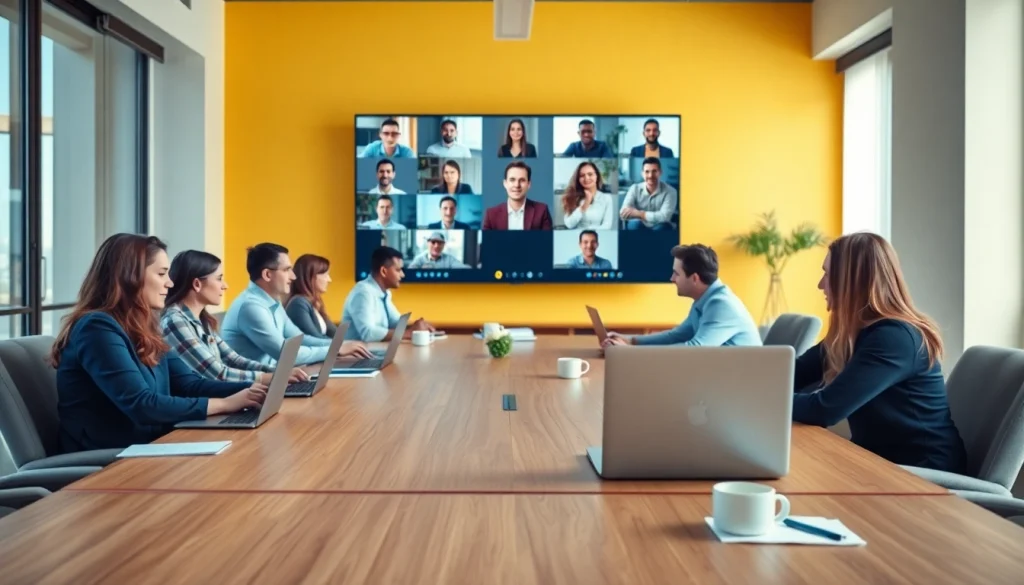 Engaged participants in a collaborative video conferencing meeting showcasing technology and teamwork.