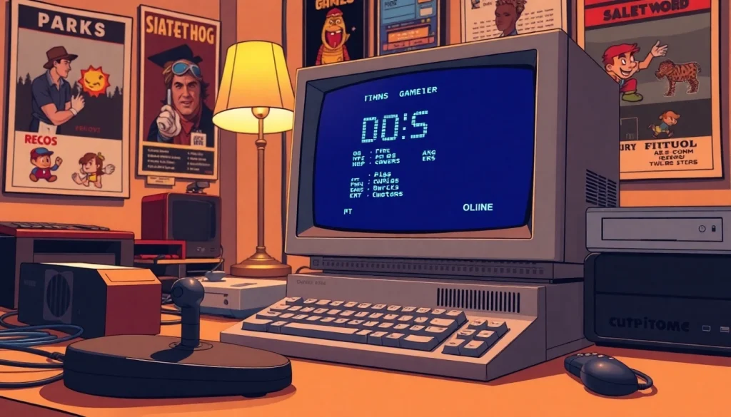 Play engaging dos games online on a vintage computer setup complete with retro gaming accessories.