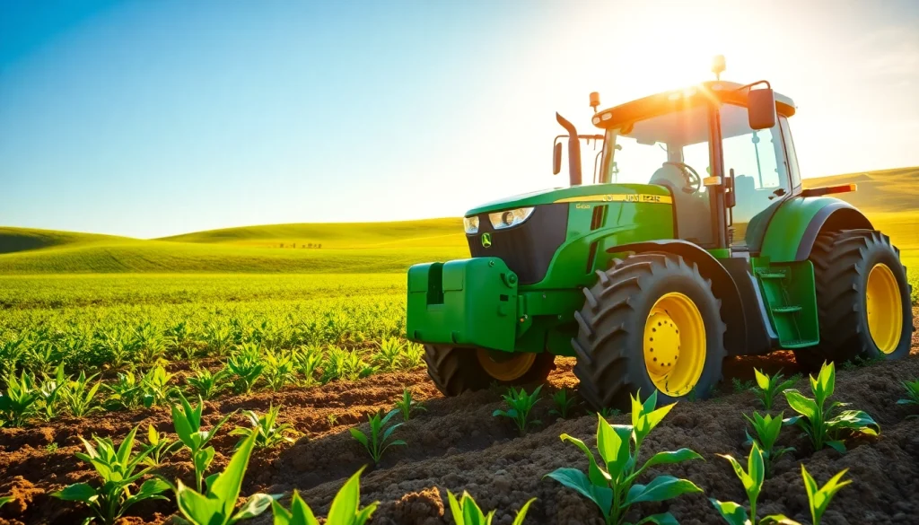 John Deere Traktor arbeitet im grünen Feld und zeigt seine robusten Eigenschaften.