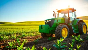 John Deere Traktor arbeitet im grünen Feld und zeigt seine robusten Eigenschaften.