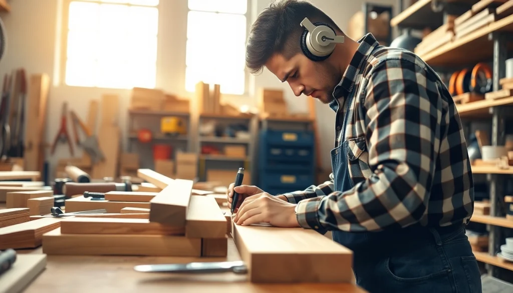 Carpentry apprenticeship near me showcased by a carpenter apprentice working diligently in a bright workshop.
