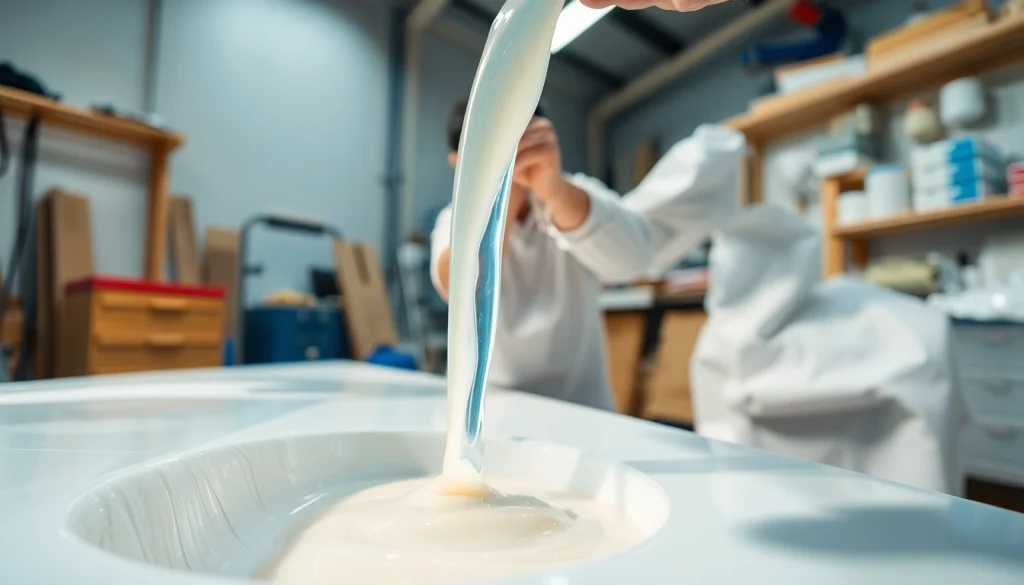 Laminating resin application by a skilled artisan showcasing pouring technique and tools in a workshop.
