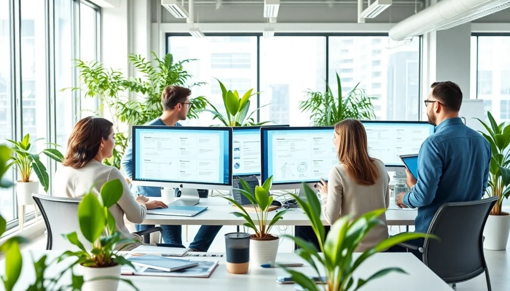 Designers at a web design edmonton studio collaborating on innovative projects in a modern office