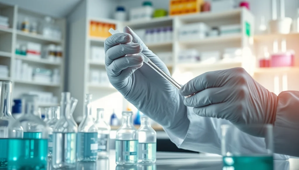 Analyzing amino acids in a laboratory with precision tools and vibrant chemical supplies.