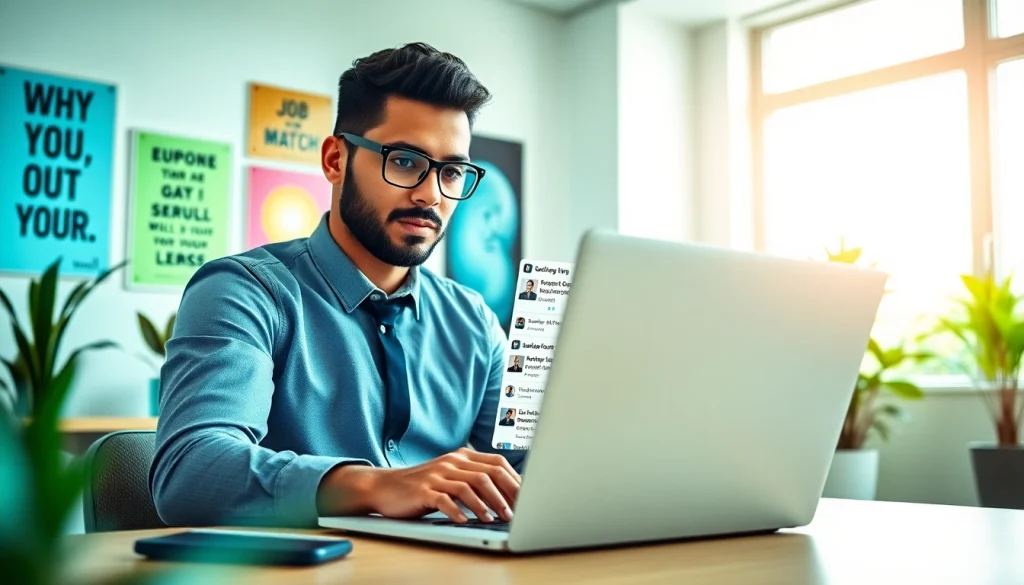 Engaged job seeker leveraging the AI Job matching tool on a modern laptop in a bright office.