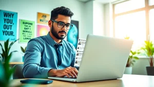 Engaged job seeker leveraging the AI Job matching tool on a modern laptop in a bright office.