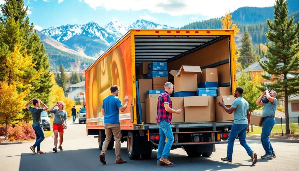 Efficient movers in Colorado load a truck surrounded by scenic views, promoting services.