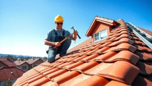 Roofing contractor in Wolfheze installing tiles with precision, showcasing expert skills.