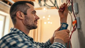 Electrician inspecting wiring with tools, showcasing craftsmanship in home electrical work.