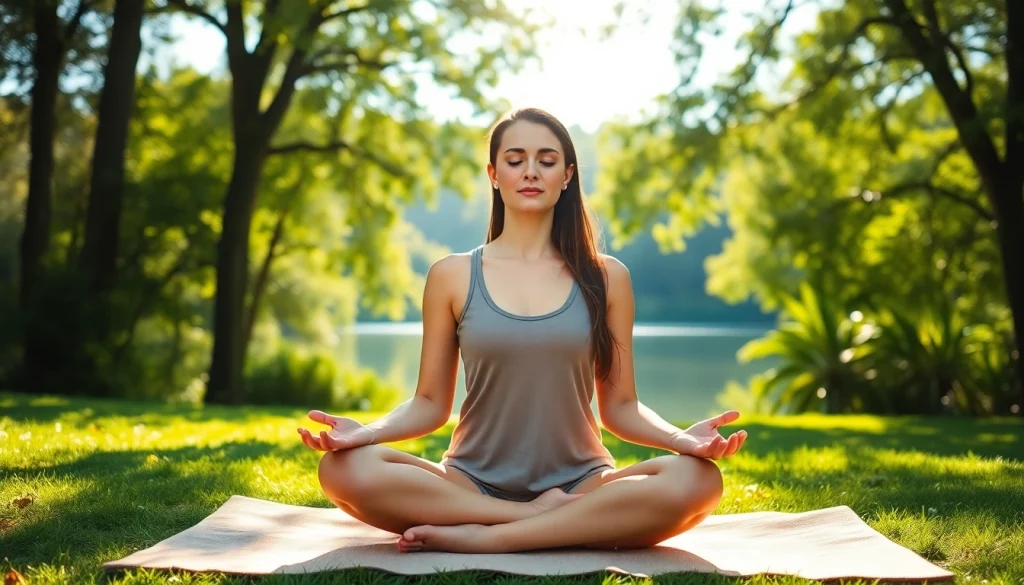 Meditating woman in nature managing her stress, surrounded by calming green scenery.